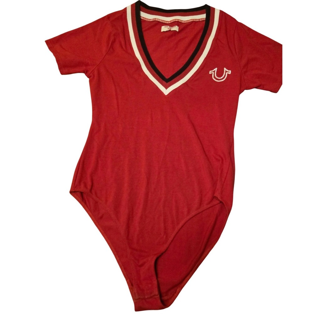 True Religion Womens Red Rhinestone Horseshoe Logo V-Neck Bodysuit 34564-00
